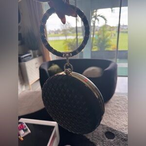 Black Woven Round Evening Bag with Gold Accents